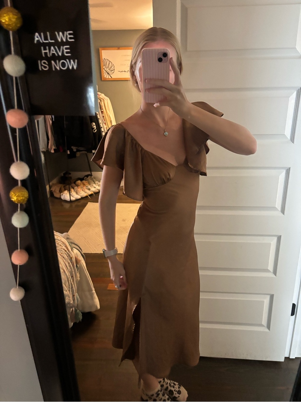 Brown Flutter Sleeve Midi Dress with Side Slit